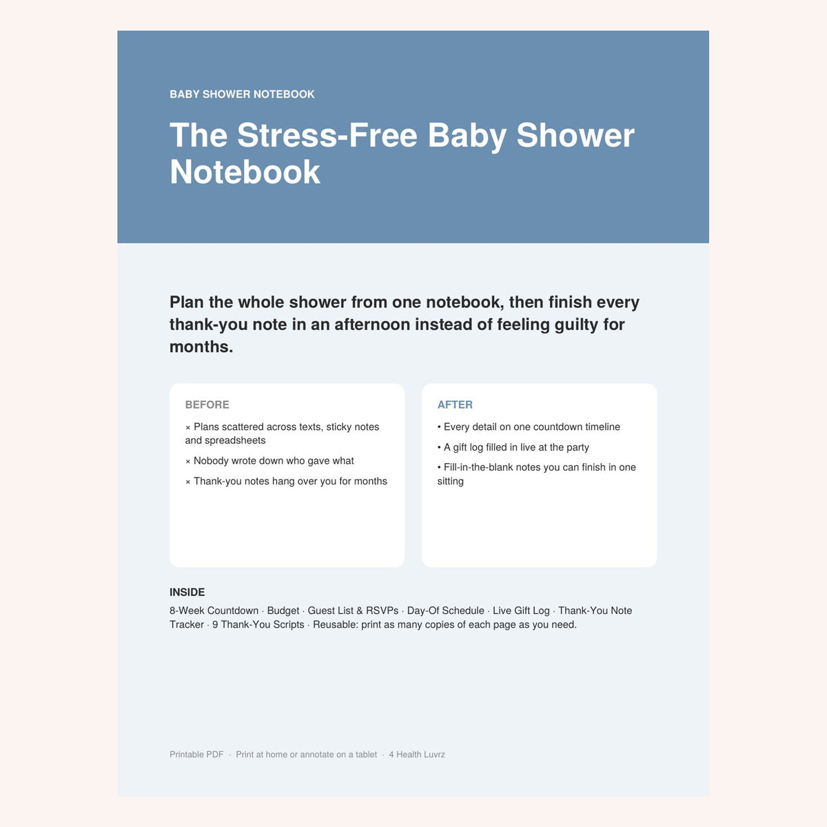 The Stress-Free Baby Shower Notebook printable cover