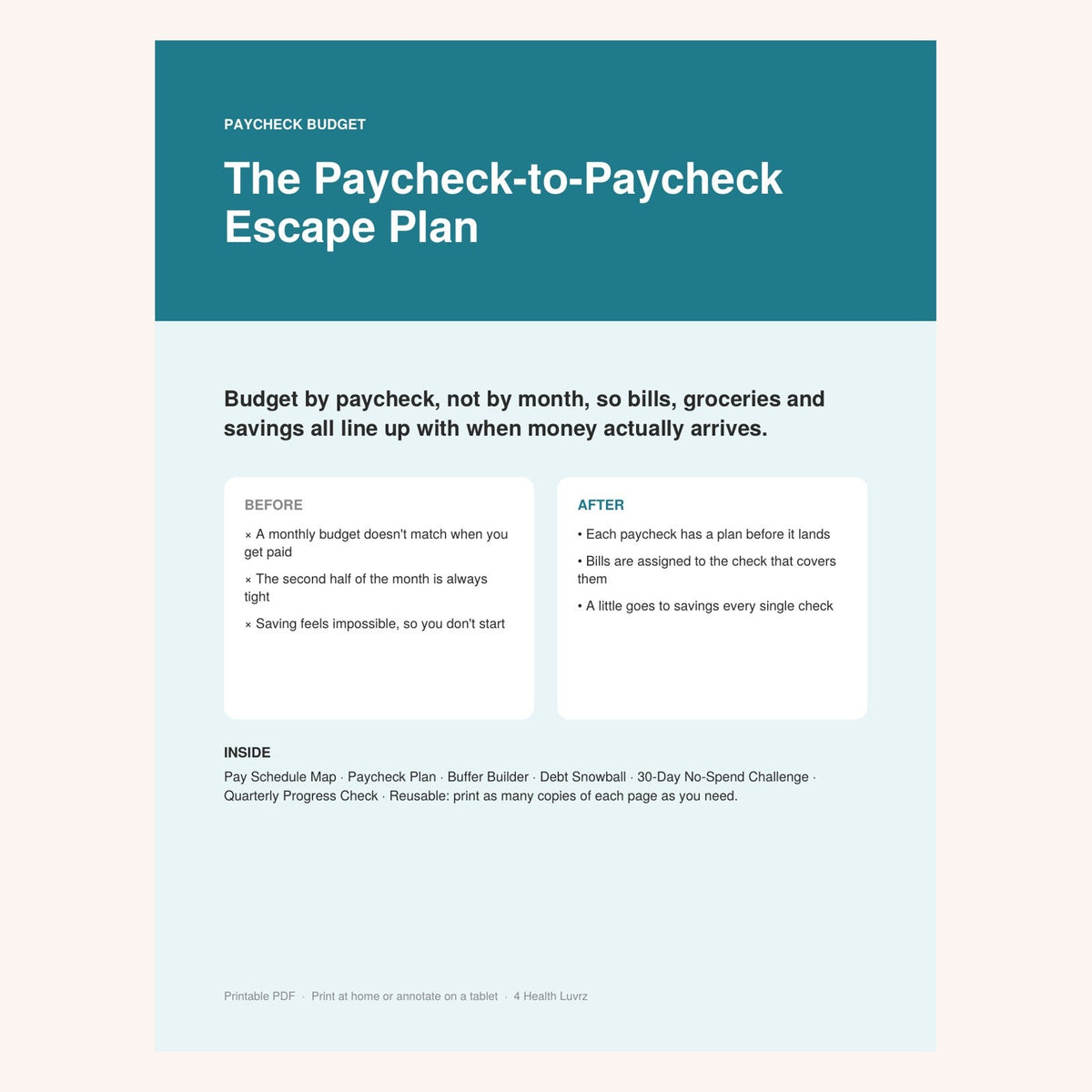 The Paycheck-to-Paycheck Escape Plan printable, included in The Money Reset Bundle