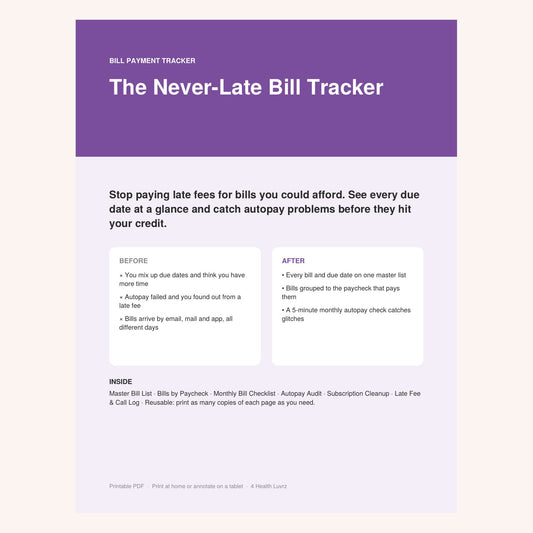 The Never-Late Bill Tracker printable cover