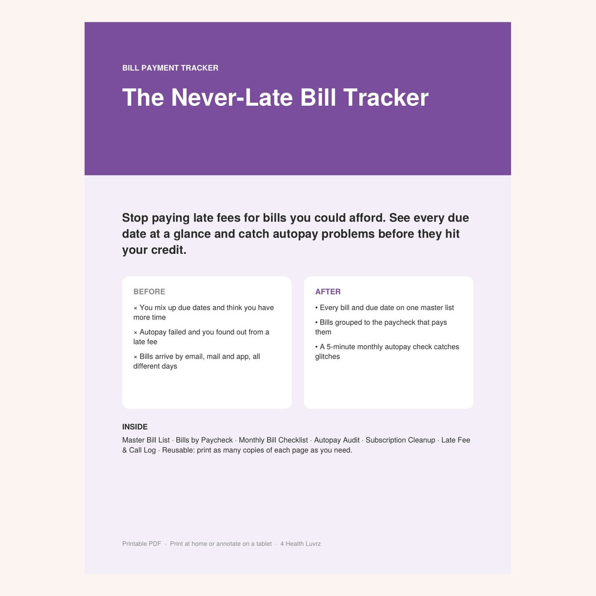 The Never-Late Bill Tracker printable, included in The Money Reset Bundle