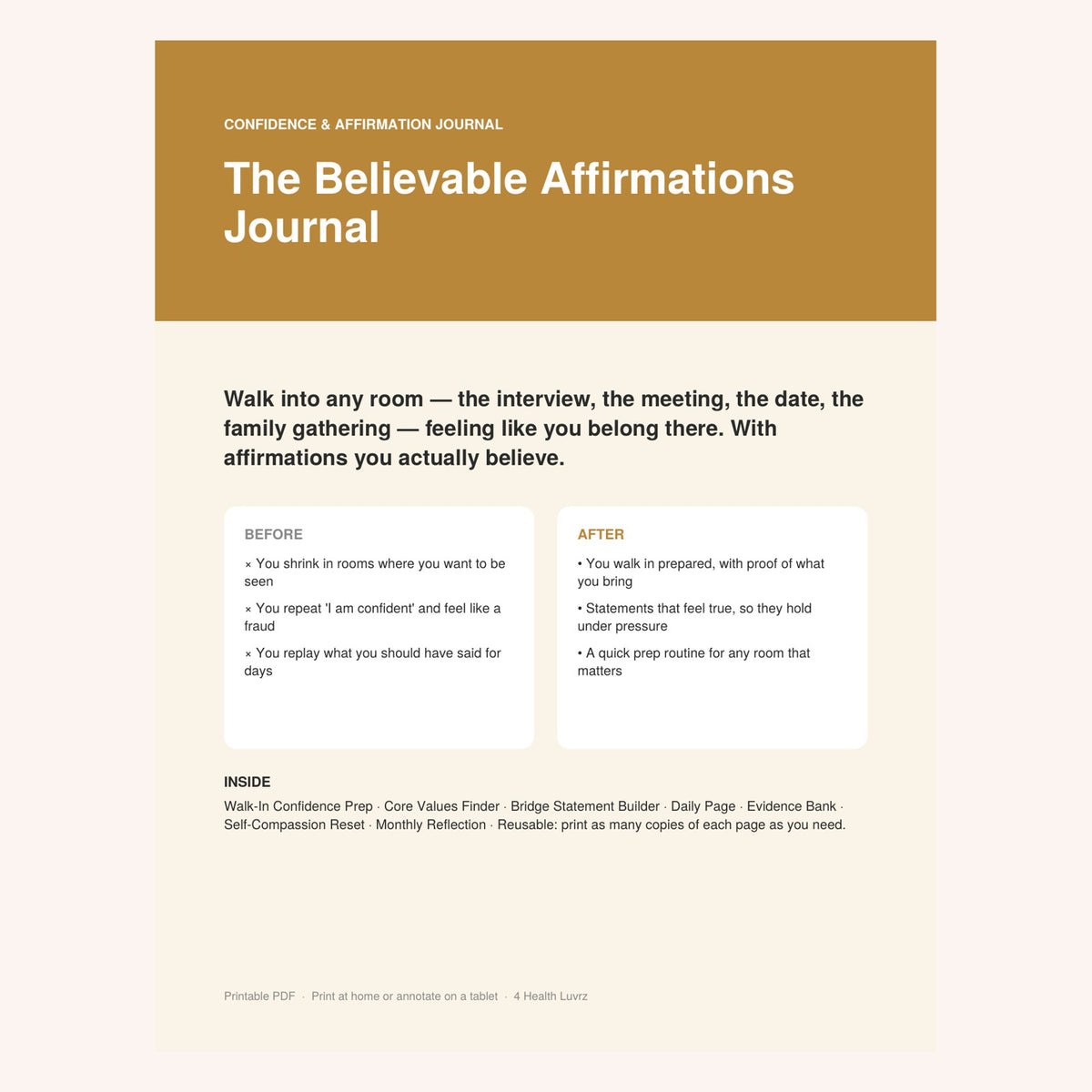 The Believable Affirmations Journal printable cover