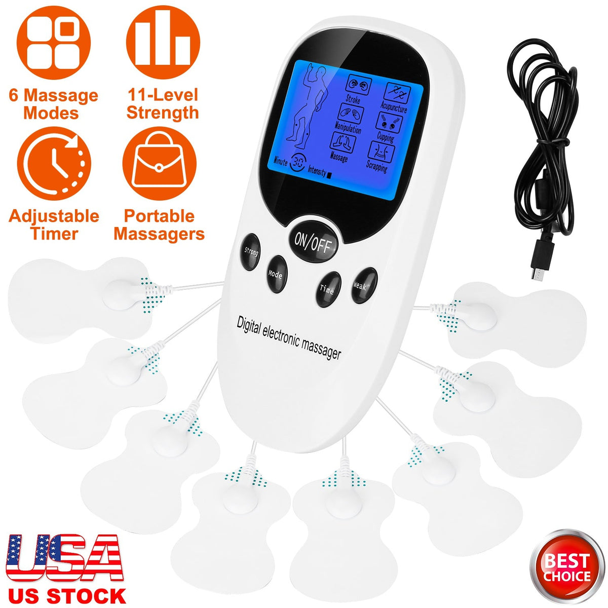 Electric Muscle Stimulator Dual Channels Pulse Massager Pain Relief Therapy Tens Device with Electrode Pads Wires