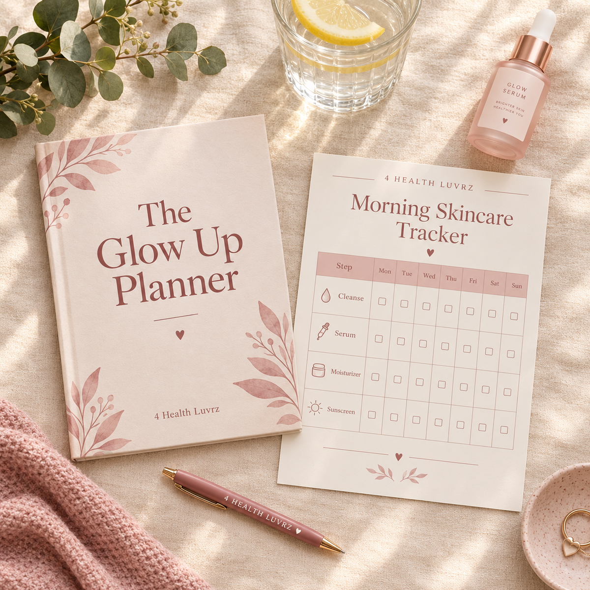 The Glow Up Planner printable self-care and skincare planner flat lay