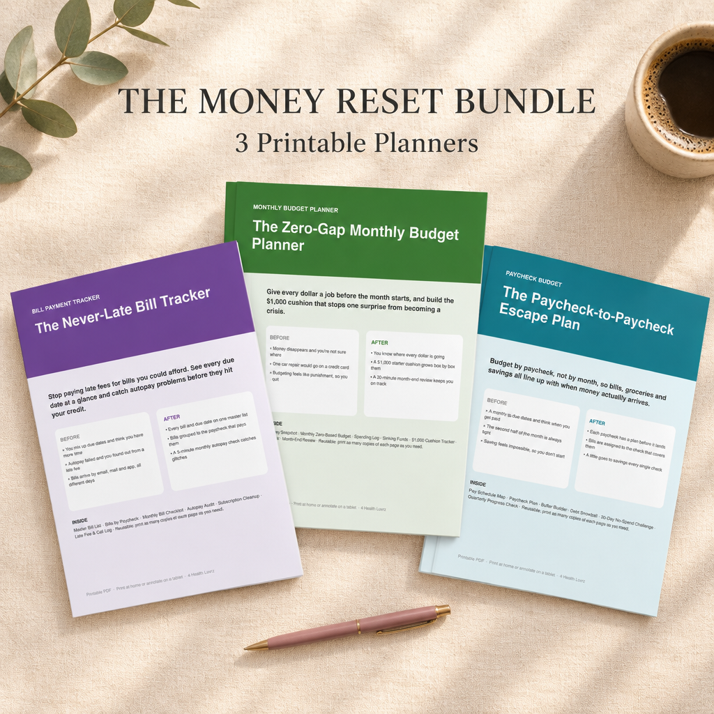 The Money Reset Bundle: Never-Late Bill Tracker, Zero-Gap Monthly Budget Planner and Paycheck-to-Paycheck Escape Plan printables