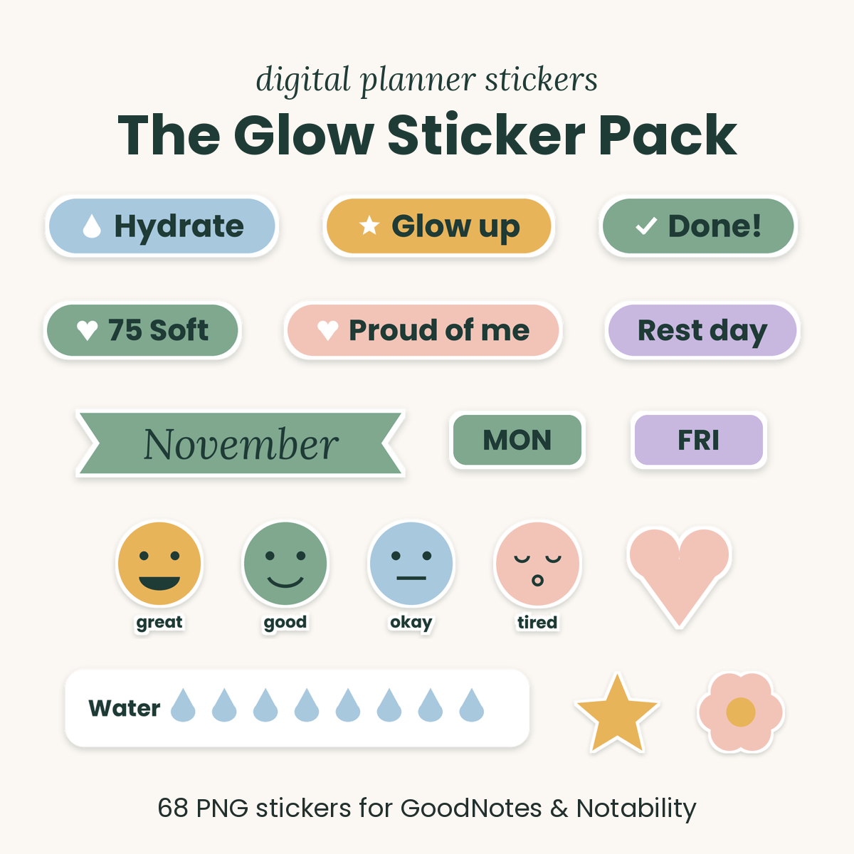 The Glow Sticker Pack – 68 Digital Planner Stickers